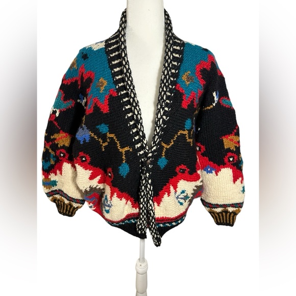 Woman’s Hand Knitted Wool Cardigan Size Large Colorful print - Picture 1 of 10
